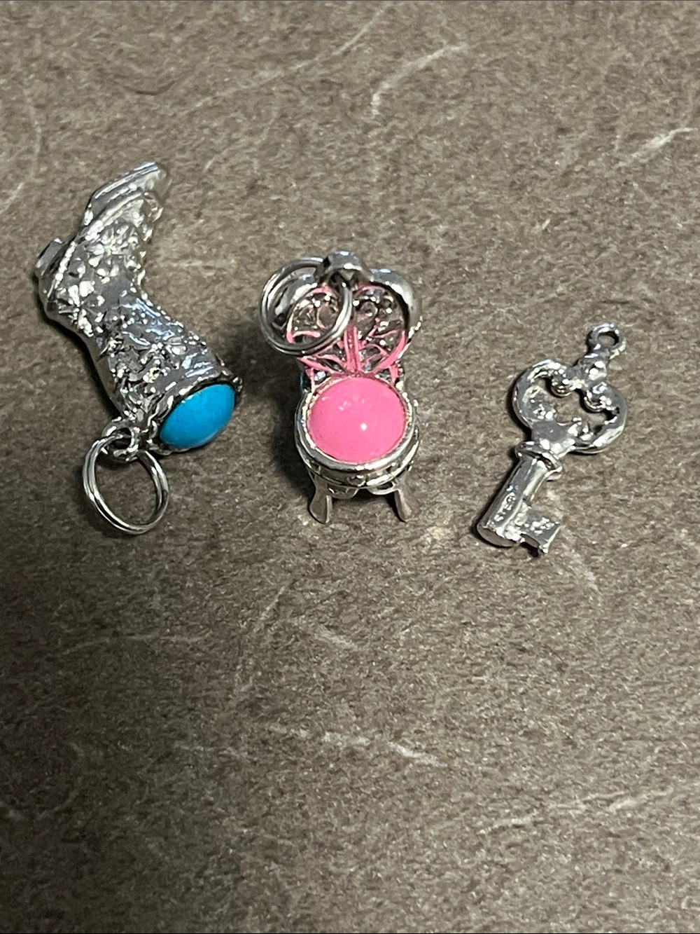 Vintage Avon Silver Miniature Charms with Pink and Turquoise Cabochons 1-2”